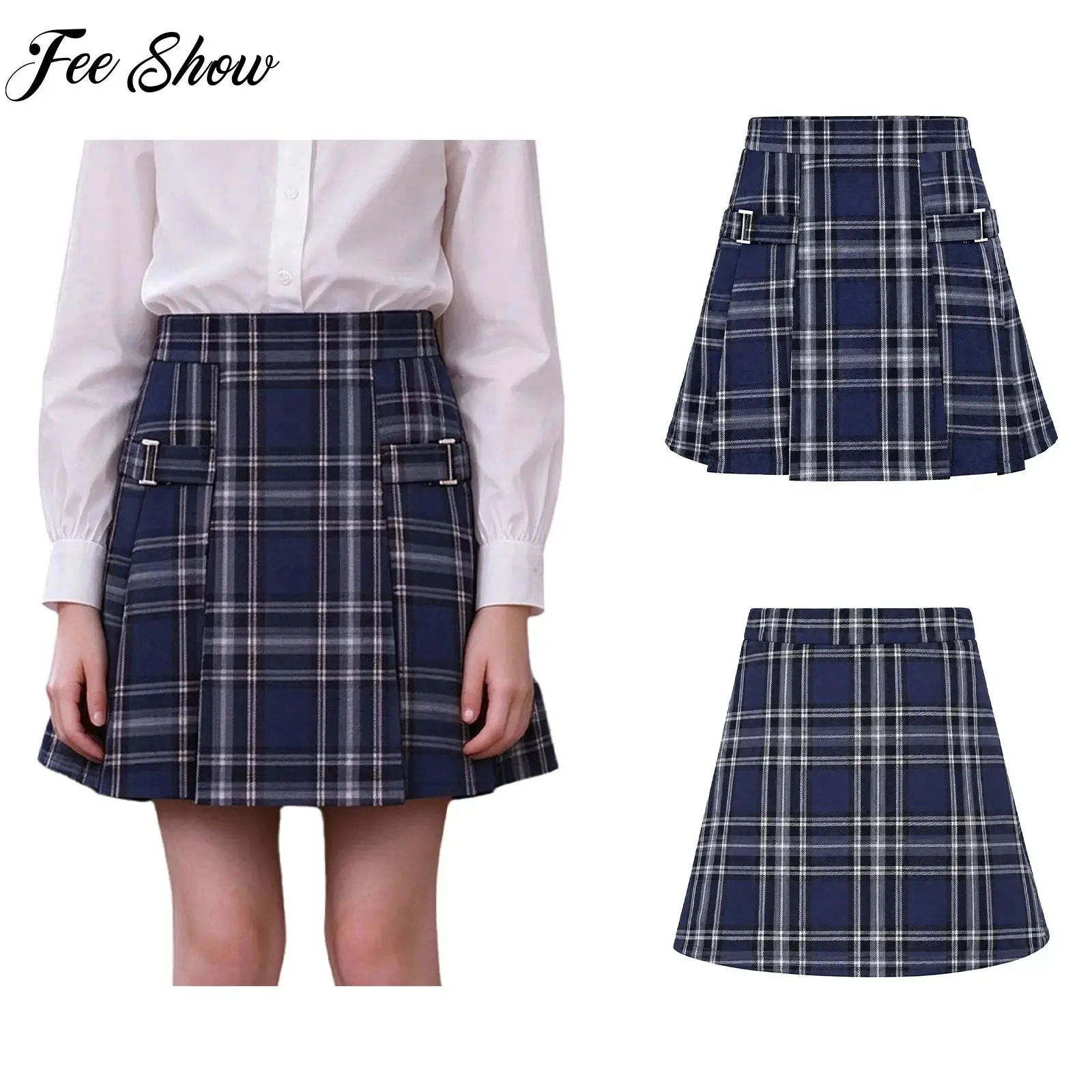 Kids Girls Preppy Style Plaid Pleated Skirts School Uniform Zipper Pockets Skirts for Recitation Performance Party Outdoor Play