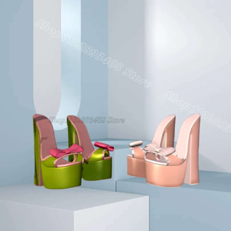 

Green Bowknot Decor Platform Slippers Chunky Heels Solid British Style Dress New Fashion Women Slippers 2025 Zapatos Para Mujere
