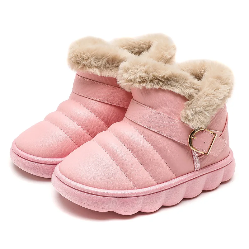 Children Winter Snow Boots Waterproof Non-slip Boys Girls Plus Velvet Cotton Boots Kids Thicking Wool Shoes Fashion Buckle