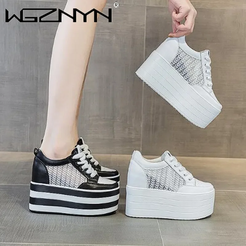 12cm nova malha de ar couro genuíno plataforma cunha apartamentos verão primavera bota tornozelo feminino alta marca branco moda sapatos salto alto