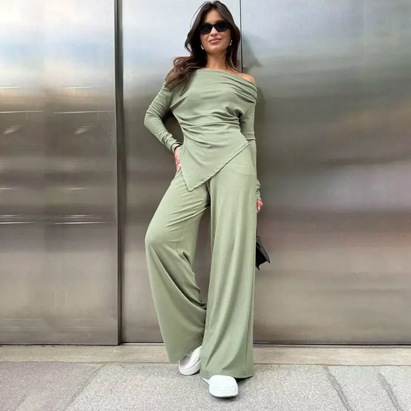 Apprabant Fashionable Casual Temperament Trouses Set One Line Collar Off Shoulder Long Sleeved Top Wide Legged Pants Suit