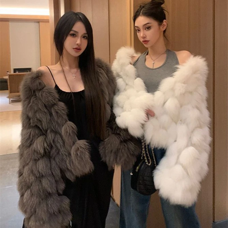 Luxury Winter 3D Hairballs Sewed Faux Mink Fur Jacket Imitation Fox Fur Fluffy Coat Splicing Flocking Cardigan Furry Balss Tops