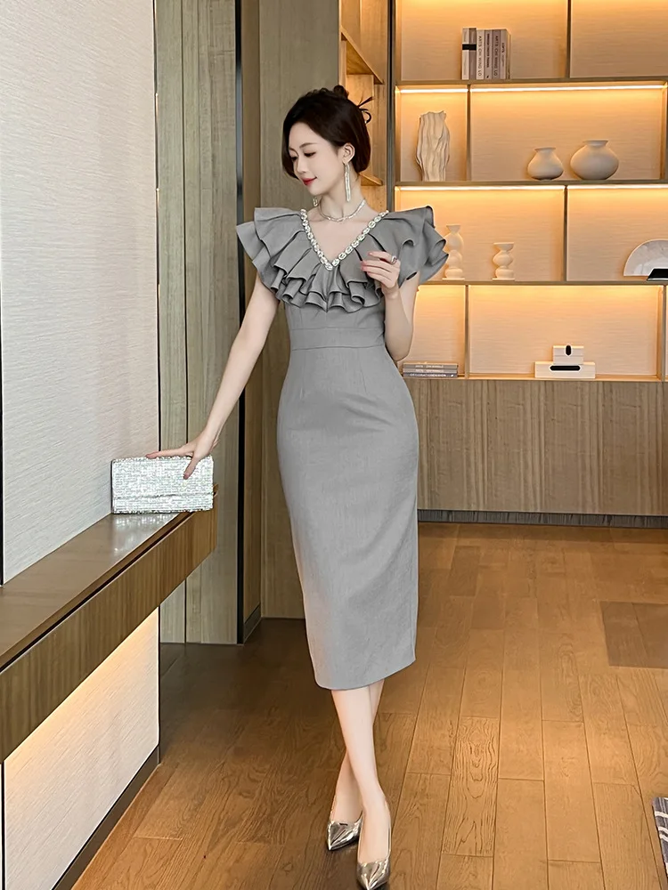 New summer professional women's wear commuting temperament ruffled V-neck high waist slim gray dress