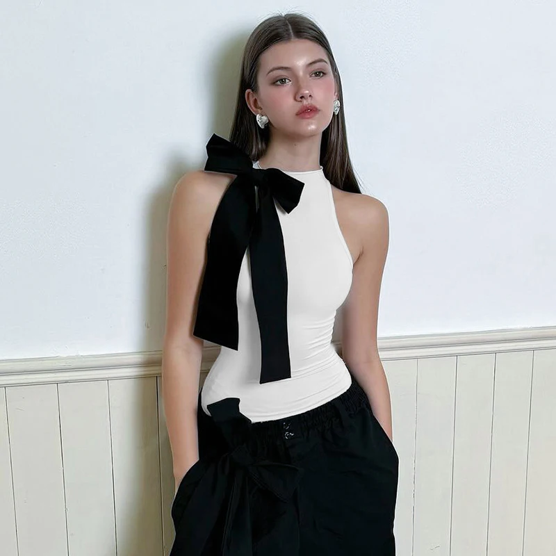 CUTENOVA Fashion Slim Fit Bodysuits Sleeveless Half High Neck One Line Shoulder Bow Pullover Sexy Versatile Bodysuit For Women