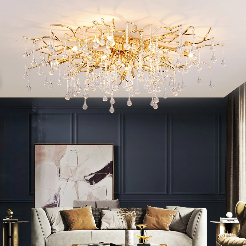 Modern Luxury Ceiling Crystal Chandelier For Living Dining Room Bedroom Gold Water Drop Branch Crystal Chandelier For Ceiing