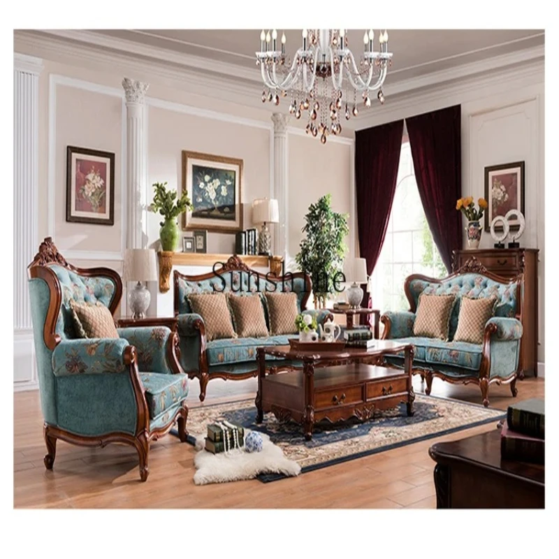 American-style all-solid wood fabric sofa combination three-person furniture set  FT