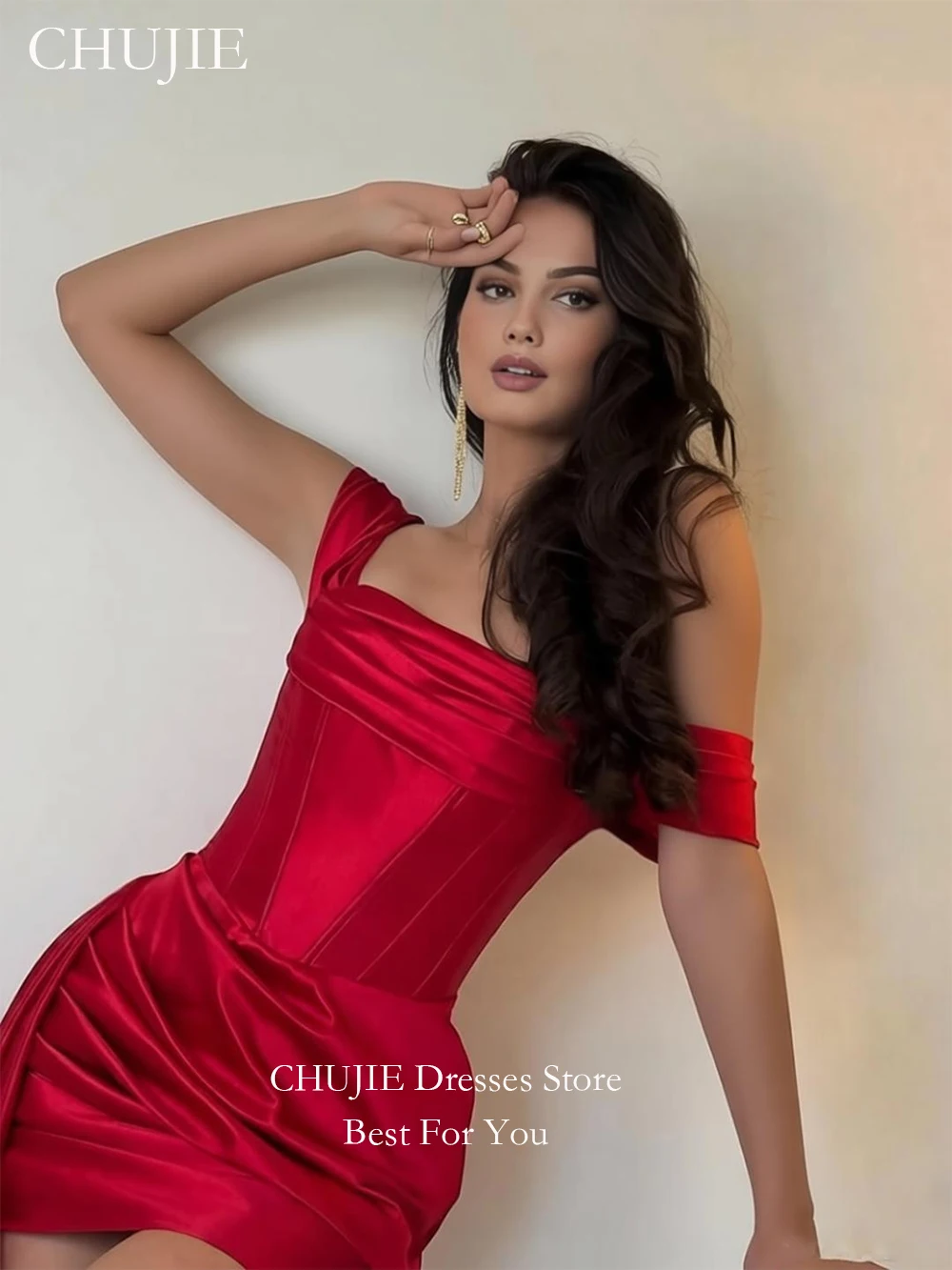 

Satin Mini-Length Red Women Cocktail Dress Short Prom Dresses Off Shoulder Formal Wedding Dress Customized Bridesmaid Gowns