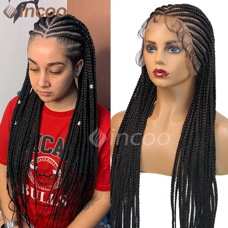 Cornrow Box Braided Wig Synthetic Full Lace Front Wigs Tribal Braids For Africa Women Jumbo Braids Wig Faux Locs Braiding Wigs