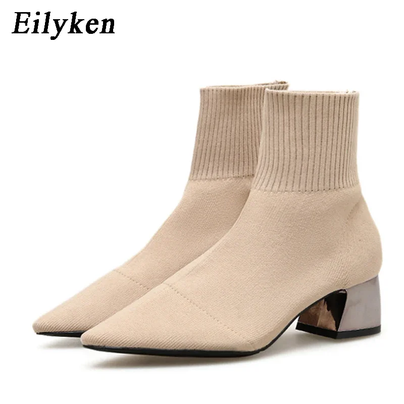 

Eilyken, зимние модные вязаные женские ботильоны из эластичной ткани, женские ботильоны на квадратном каблуке с острым носком, женские ботильоны-носки