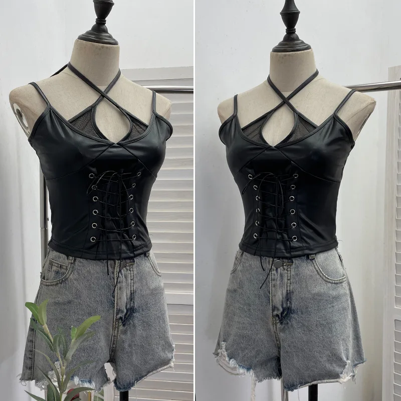 النساء خمر دراجة نارية الشرير بولي Leather الجلود الربط شبكة صيد السمك السباغيتي الحمالات أعلى فتاة باردة حبل سليم قصير الرسن أعلى 8106 #3