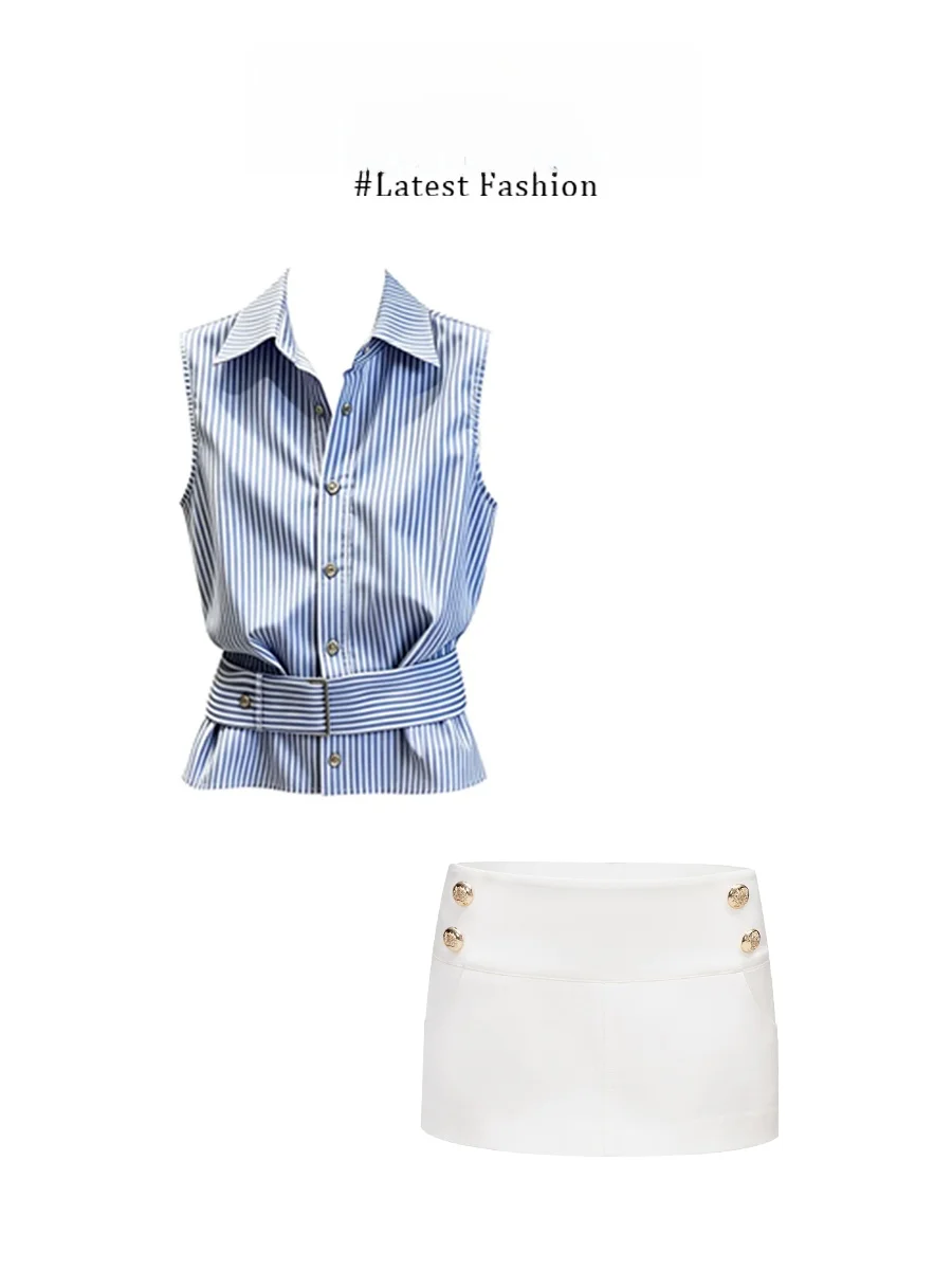 

Parkyeon Retro Striped Sleeveless Waist-Cinching High-Waisted Slimming Women's Top And Short Skirt Set Casual Summer Fashion