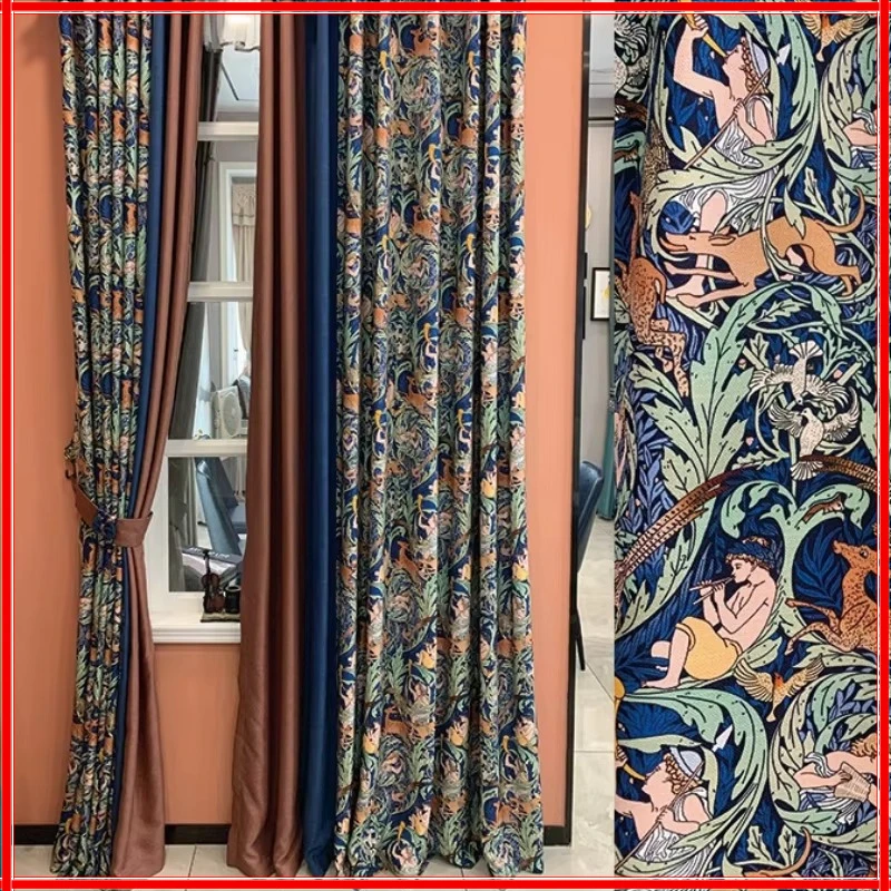 

American Retro Printed Cotton Linen Blue Luxury Curtains for Living Room Bedroom Dining Blackout Window Decor Fashion Jacquard