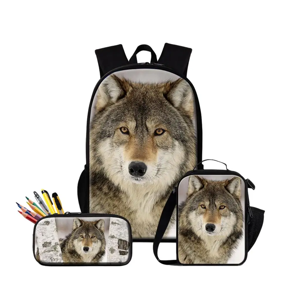 3PCS Set Wolf Printing Lightweight Schoolbags For Boys Multifunctional Backpack With Penbox Lunch Bag For School Custom Bookbag