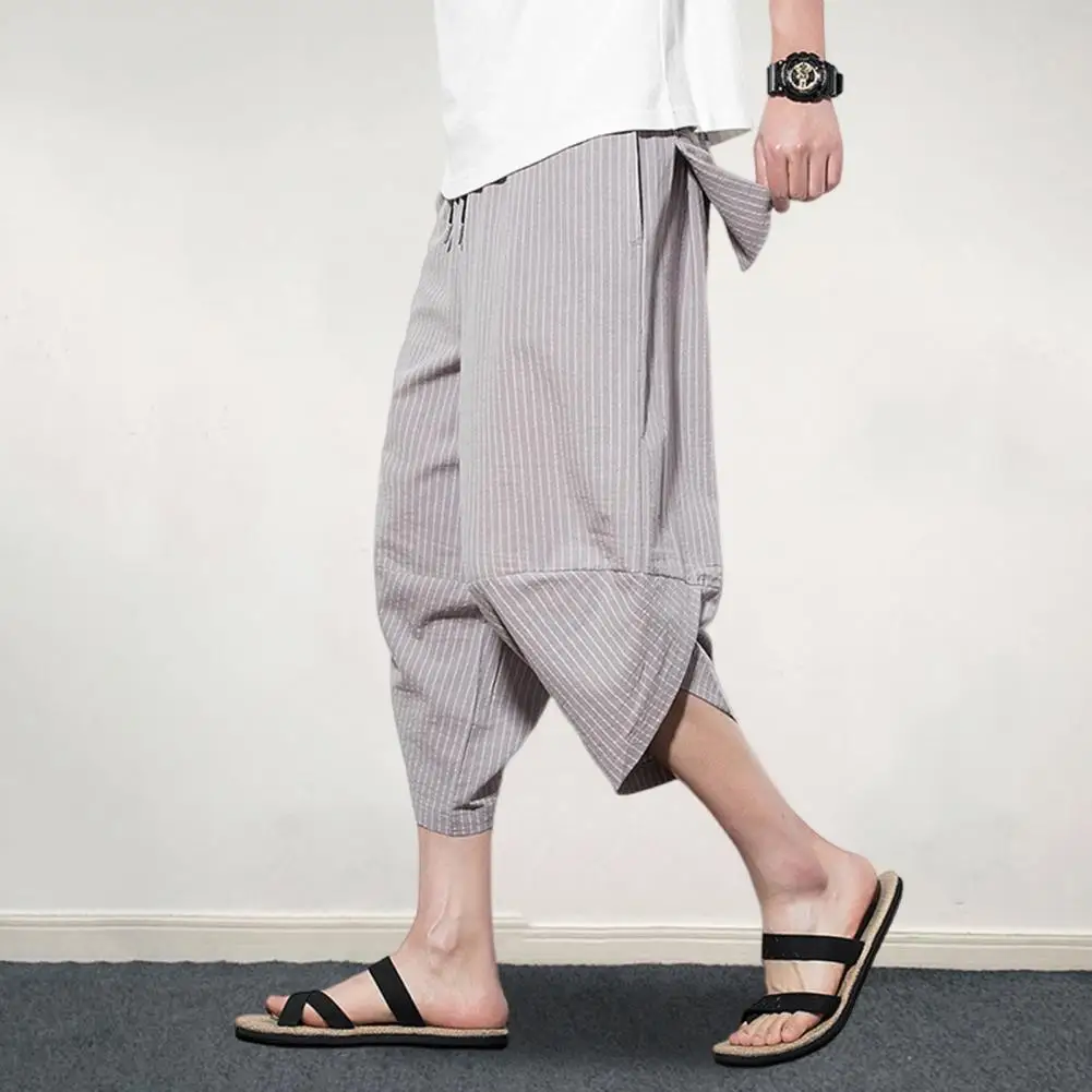 

Men Summer Cropped Pants Men's Summer Striped Harem Pants with Elastic Waist Drawstring Cropped Carrot Pants for Streetwear