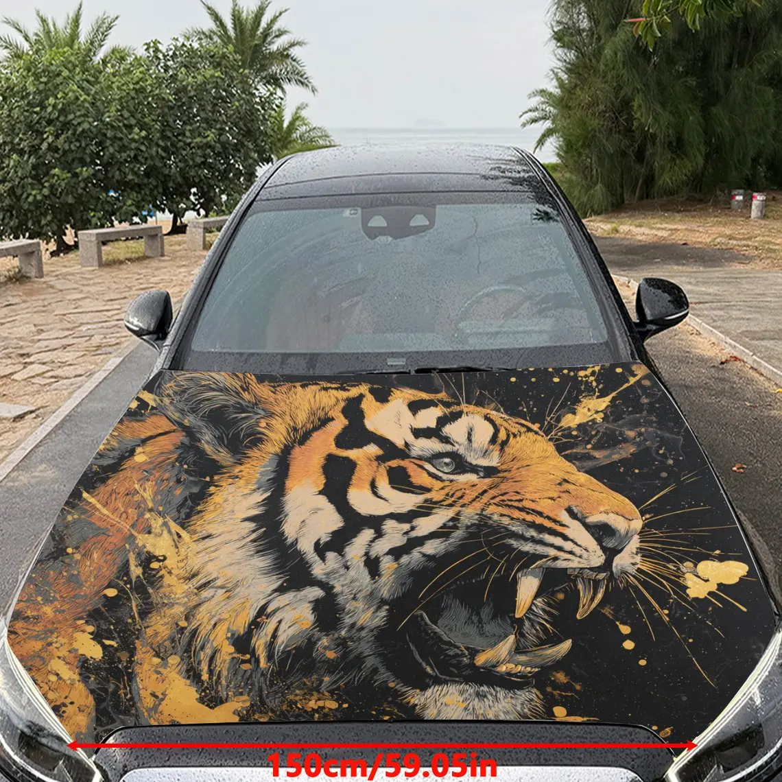 Car Decals Tigers with Vivid Stripes, Roaring Expressions, and a Golden - Splashed Artistic Backdrop Car Hood Sticker, Waterproo
