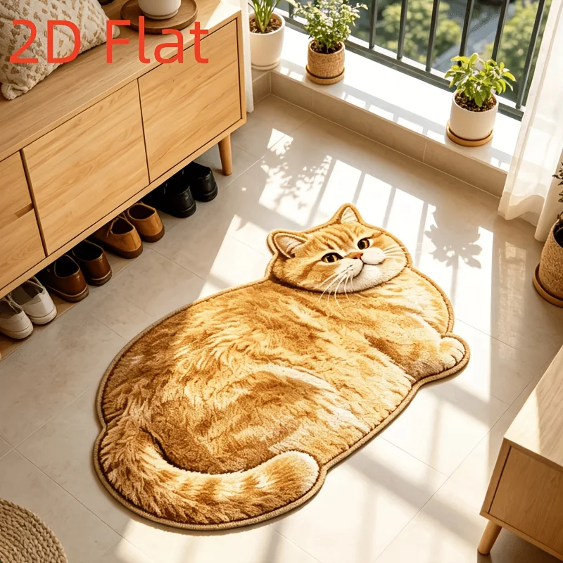 VIKAMA Chubby Orange Cat Irregular Rug 2D Painting Non Slip Doormat Cute Animal Bedroom Floor Mat