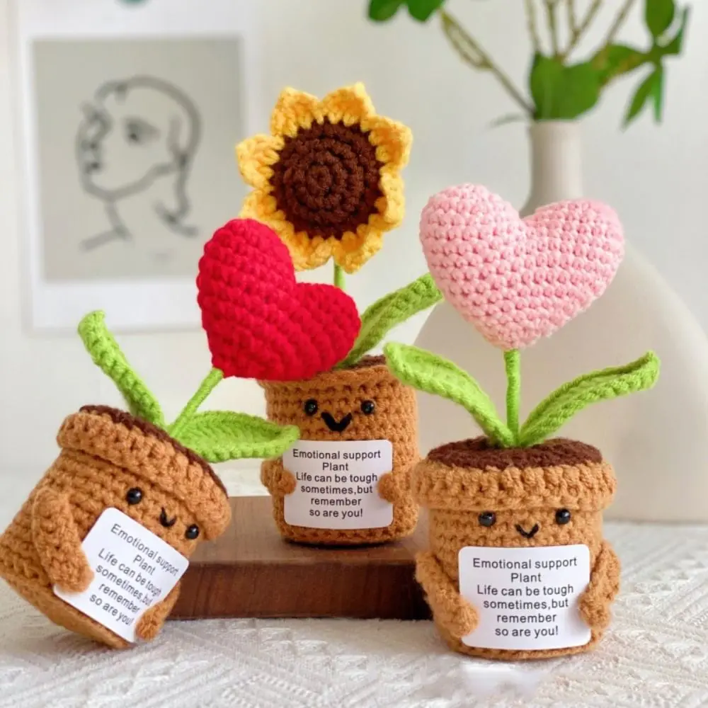 Hand Woven Flower Potted Desktop Ornament Knitting Crochet Flowers Sunflower Love Heart Figurines Dolls Home Room Decor Gifts