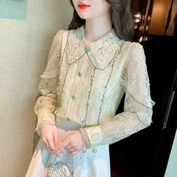 #2597 Vintage Chiffon Womens Tops And Blouses Perspective Long Sleeve Split Joint Ruffles Ladies Blouses France Style Spring