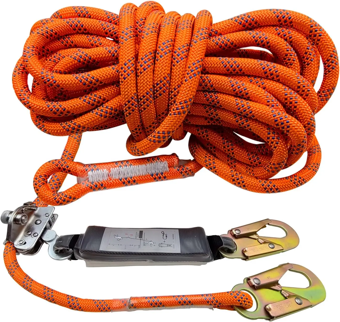 

50-футовый оранжевый страховочный трос для кровельных работ и альпинизма с карабинами и амортизатором