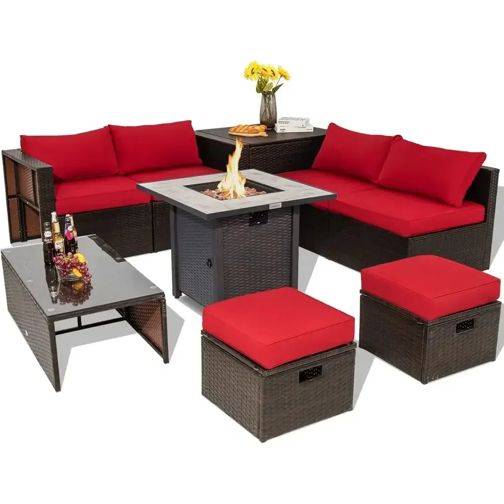 

9 Pieces Outdoor Patio urniture Set with 30” Propane ire Pit Table, PE Wicker Sectional Soa Set with Storage Box and Cushions, 5