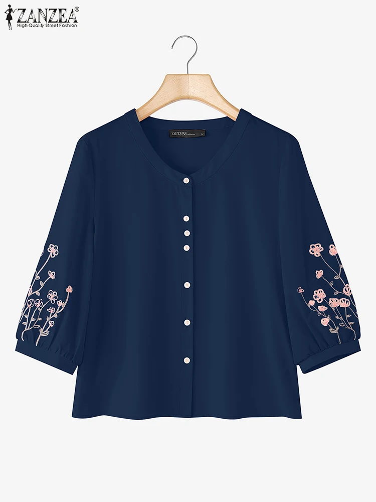 

ZANZEA, винтажная женская блузка с вышивкой, осенняя рубашка с рукавами 3/4, рабочие топы, женская сорочка, повседневная блузка на пуговицах, большие размеры