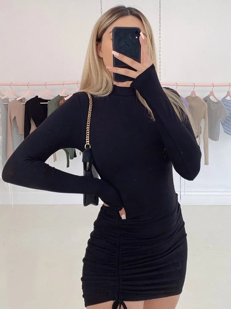 Langarm geraffte einfarbige figur betonte Kleid Frauen Roll kragen Bandage Mini kleider Herbst schwarz dünn dehnbar Party Vestidos
