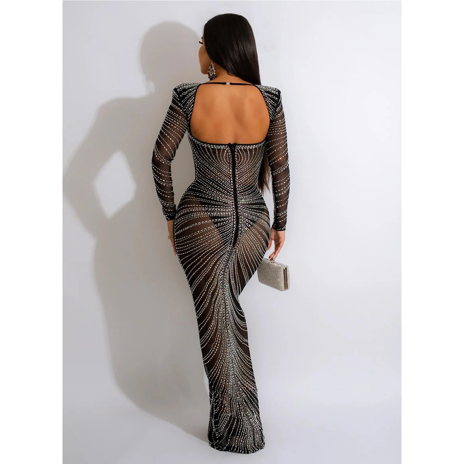 ใหม่แฟชั่นเซ็กซี่แขนยาวสแควร์คอเลื่อมตาข่าย SHEER สีทึบ SLIM FIT Sheath ความยาวชุดผู้หญิง,4 สี
