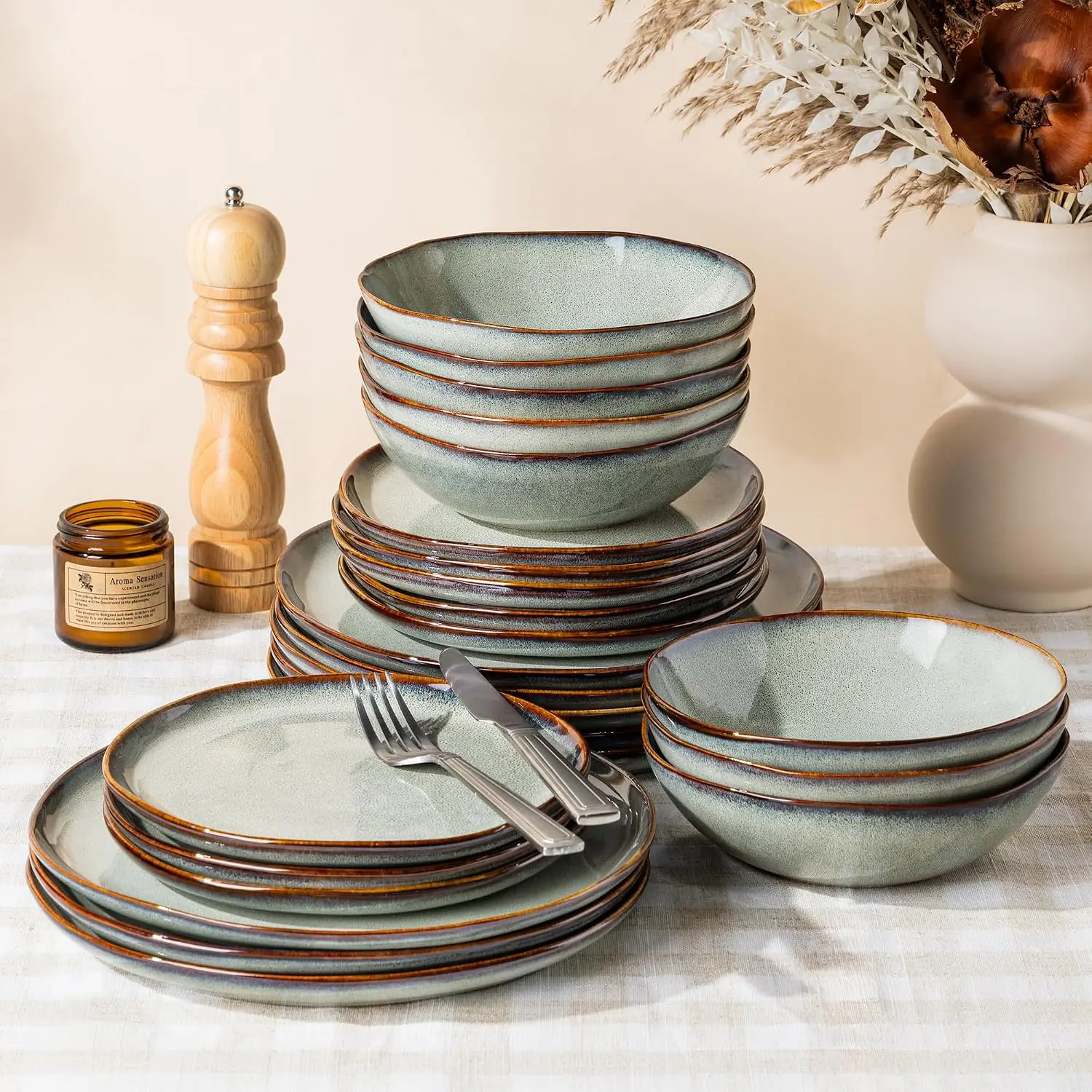 Stoneware Dinnerware Sets for 8,24 Piece Rustic Plates and Bowls Set | Earthenware Handmade Reactive Glaze Plate Sets, Chip Resi