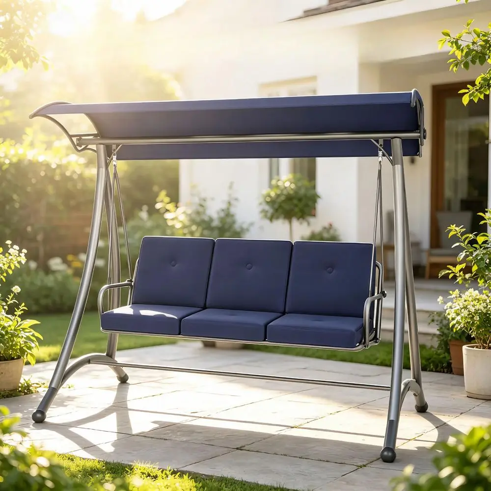 Patio Swing, 3 Seat Porch Swing with Adjustable Canopy, Swing Chair for Backyard Garden PatioBlue