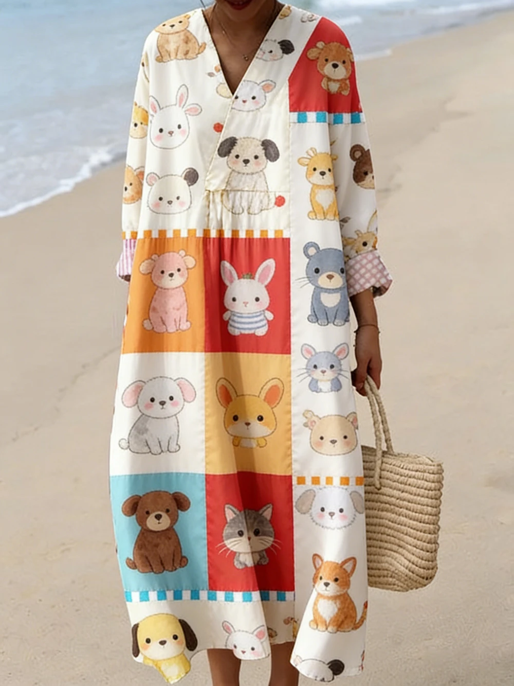 

Color Blocks Pattern Printed Linen Dress Women Vintage Bohemian Maxi Dress Beach Style Venezuela Luxury Brand Girls Clothing