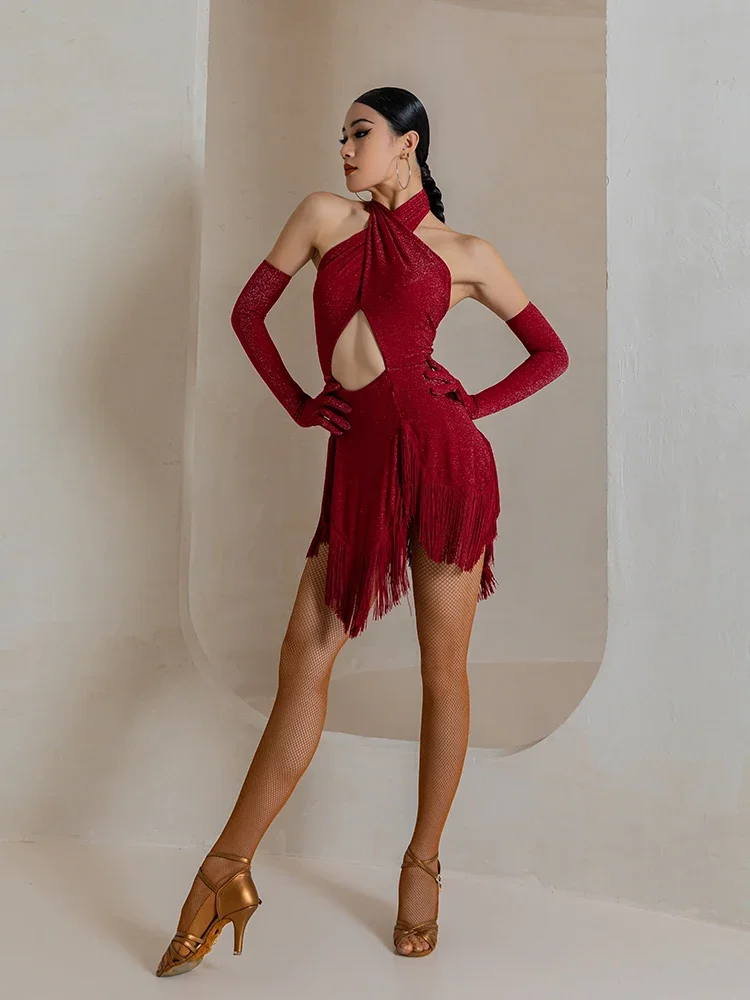 Robe de Régions ba pour la Pratique de la brevLatine, Costume de Samba, Tango, Vêtement Professionnel, Moderne, Standard, Rouge, Frange Sexy