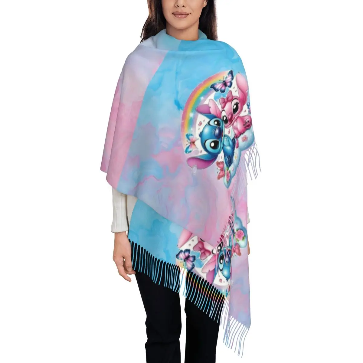 

Custom Fashion Cartoon Lilo And Stitch Tassel Scarf Women Winter Fall Warm Shawl Wrap Female Cute Anime Scarves