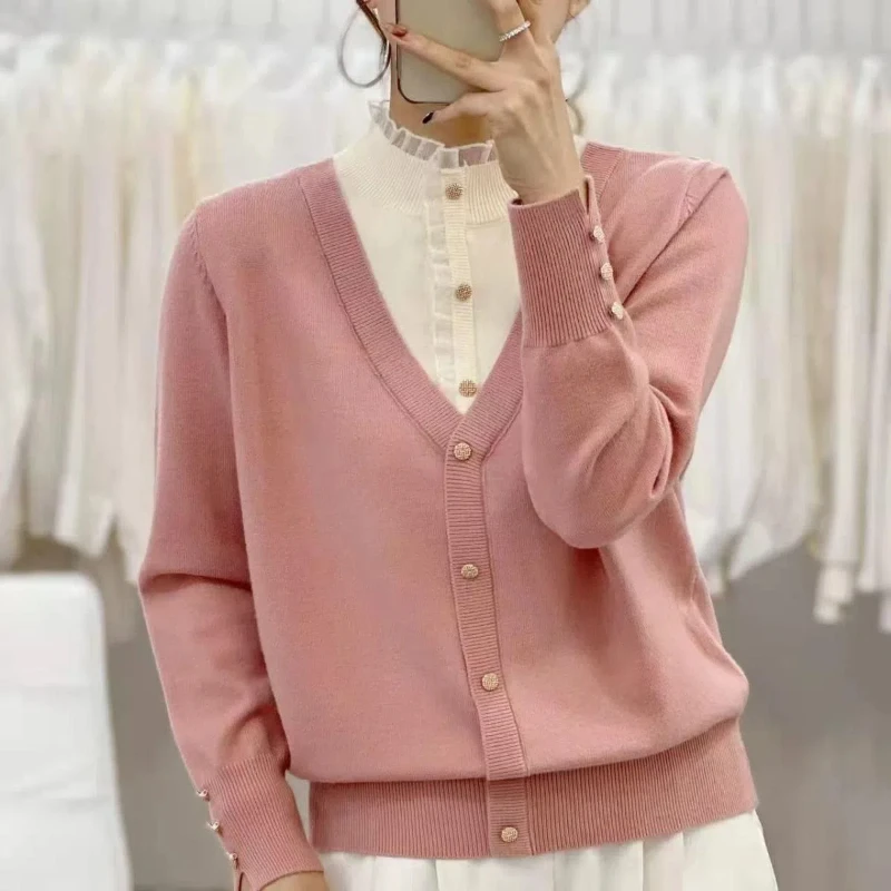 Sweater rajut wanita, atasan renda lengan panjang tebal setengah kerah tinggi palsu musim gugur dan dingin