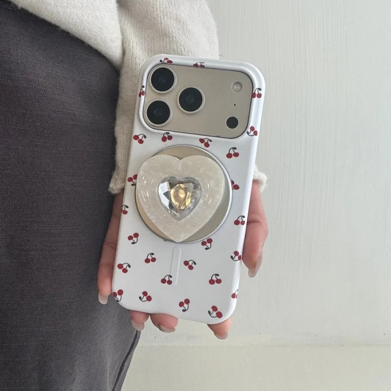 

Korean Cute Little Cherry Magnetic Phone Case For iPhone 17 15 Pro 16 Pro Max Back Cover with Love Heart Stand For Magsafe Cases