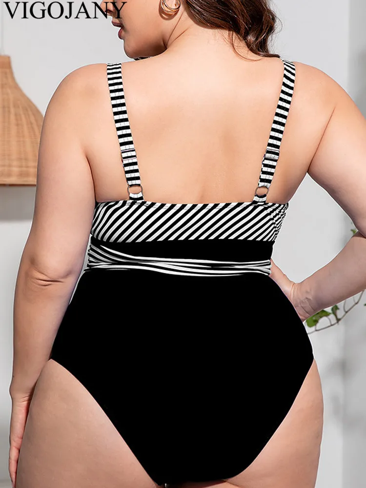 VigoJany 2024 Patchwork Stripe Print Plus Size Swimwear Women Push Up Large One Piece Swimsuit Beach Chubby Big Bathing Suit