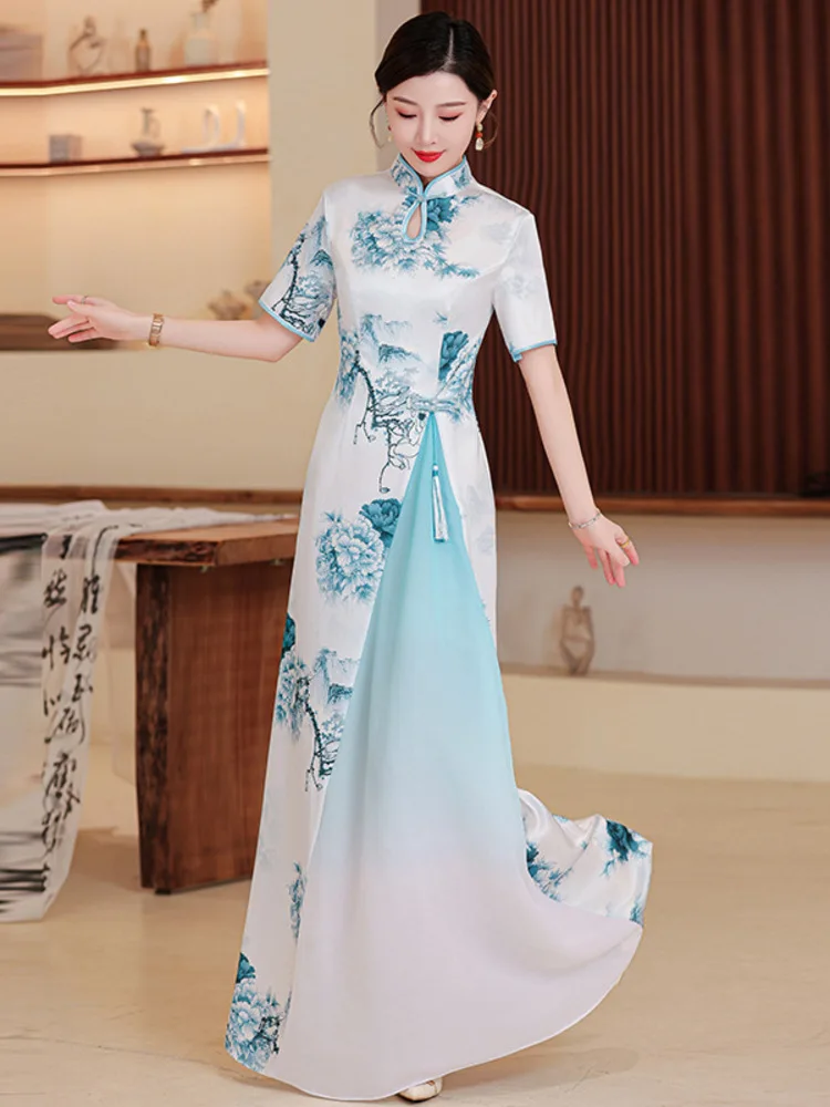 

Tie-Dye Patchwork Cheongsam Dress – Slim Fit Mandarin Collar Short Sleeve Qipao Costume for Classical Dance & Stage Performance