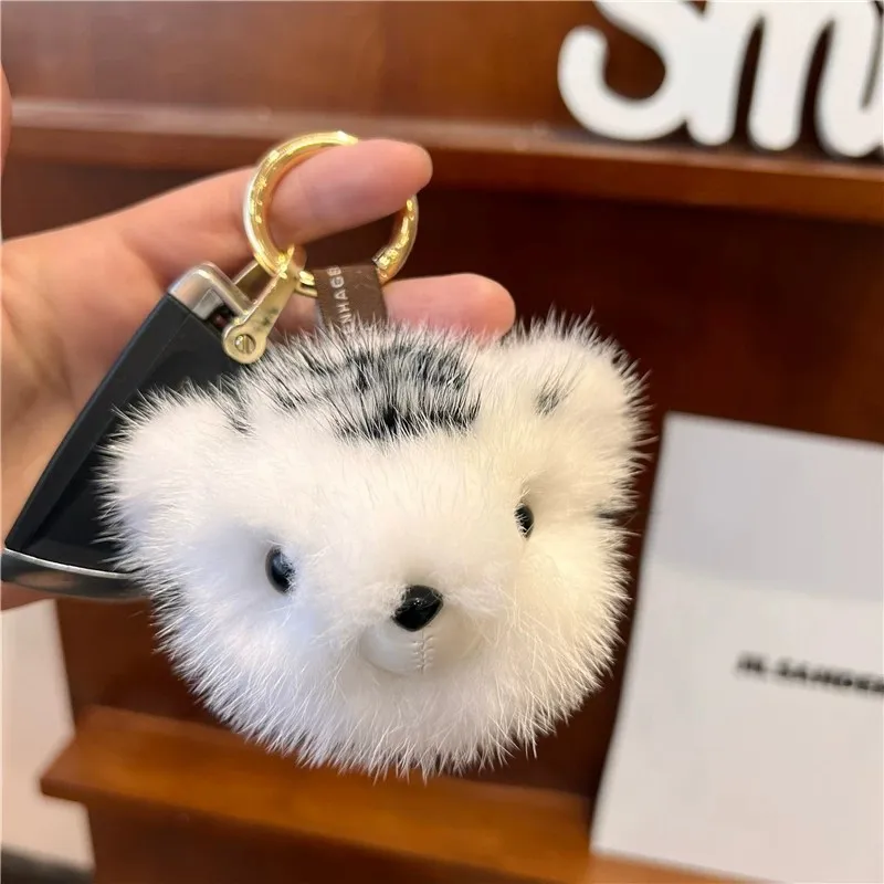 7cm Furry Tiger Head Keychain Women Fuzzy Ball Bag Charm Plush Doll Toy Car Keychains Real Mink Fur Tiger Pendant Birthday Gift