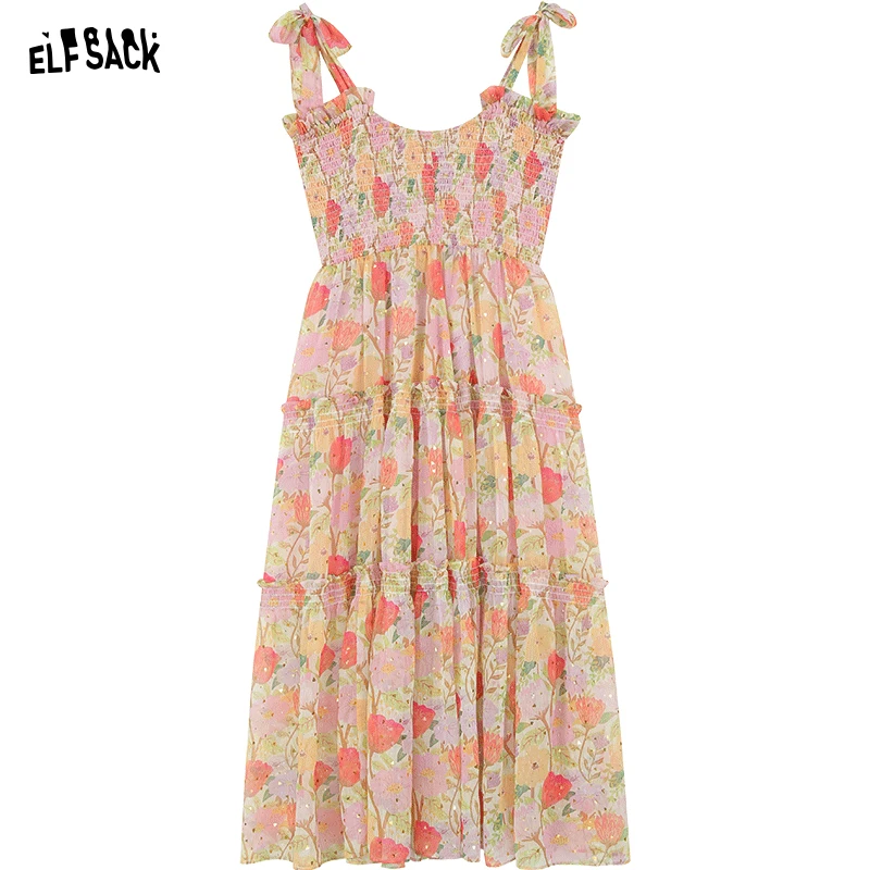 ELFSACK 2024 Summer New Bow Tie Strap Fragmented Flower Hanging Strap Dress Women's Vacation Style Skirt