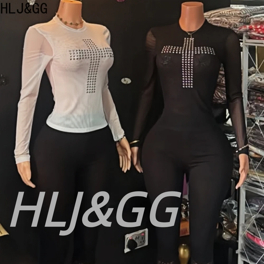 HLJ & GG موضة تريند Y2K طباعة بلايز قطعتين مجموعات المرأة الجولة الرقبة طويلة الأكمام بلوزات وسراويل ضيقة الزي الإناث الشارع الشهير