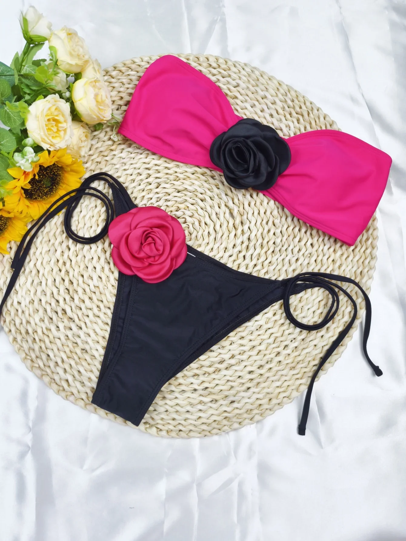 Costume da bagno floreale 3D Donna Costume da bagno a fascia con stringhe 2025 Costume da bagno push up sexy Costume da bagno femminile Nuoto Costumi da bagno estivi