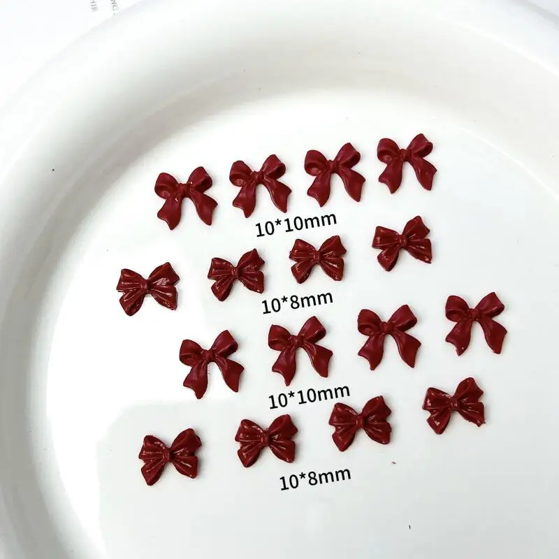 50PCS Minimalist Retro Dark Red Bow Nail Art Charms Solid Color Frosted Ribbon Bow Nail Decorations for DIY Nails Accessories