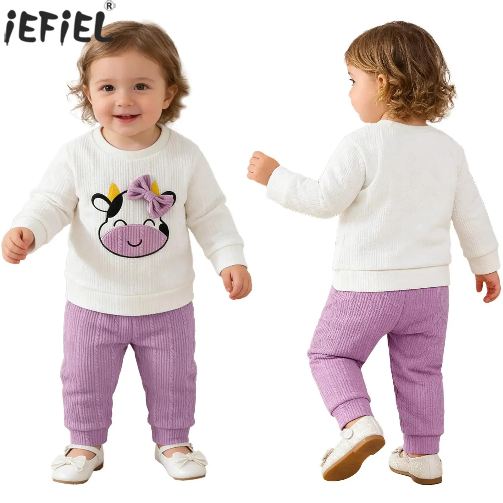 

Комплект из 2 предметов для девочек: ребристый топ с вышивкой коровы и бантом 3D, с длинным рукавом, и брюки для повседневных прогулок, походов в парк, пикников.