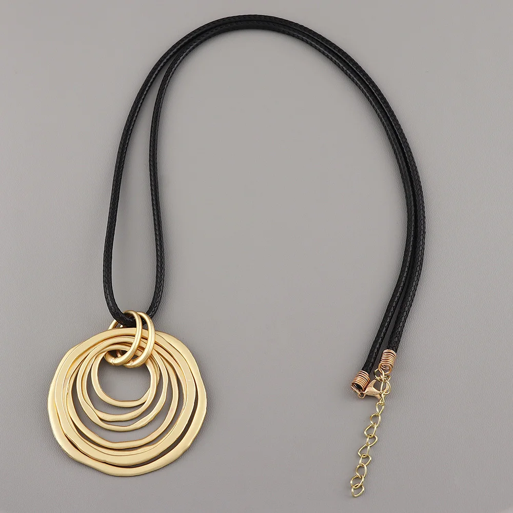 1 x Matte Gold Large Multi-Circle Moveable Boho Charms Pendant On Long Wax Rope Chain Necklace Jewelry Gift ,Daily Wear