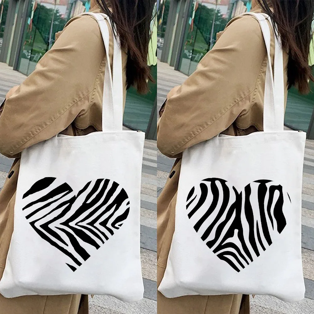 Tiger Stripes Zebra Print Love Heart Animal Lover Women Shopper Tote Bags Cotton Handbags Shoulder Reusable Canvas Shopping Bags