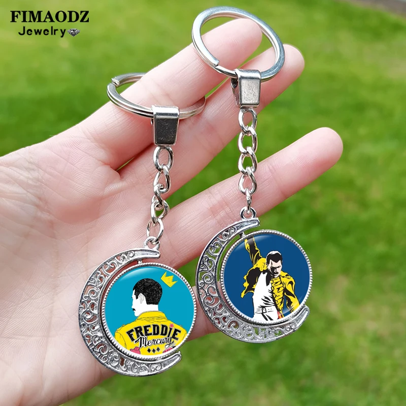 Double Sided Freddie Mercury Keychain Rotated Pendant Rock Band Singer Custom Picture Glass Key Chain Ring for Men Women Gifts