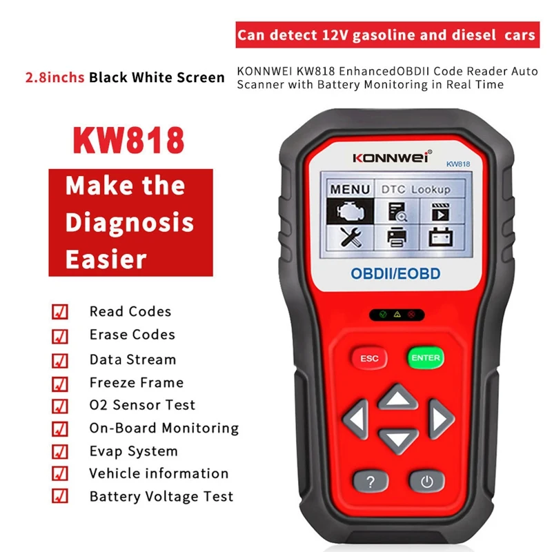 

Konnwei KW818 новый OBDII OBD2 EOBD автомобильный диагностический сканер 12 В тестер батареи проверка двигателя автомобильный считыватель кодов