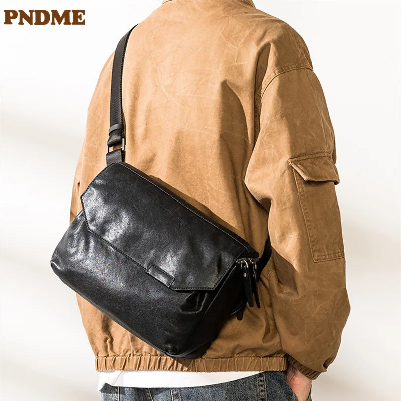 PNDME outdoor casual genuine leather men's black messenger bag simple luxury  natural soft real cowhide daily shoulder bag