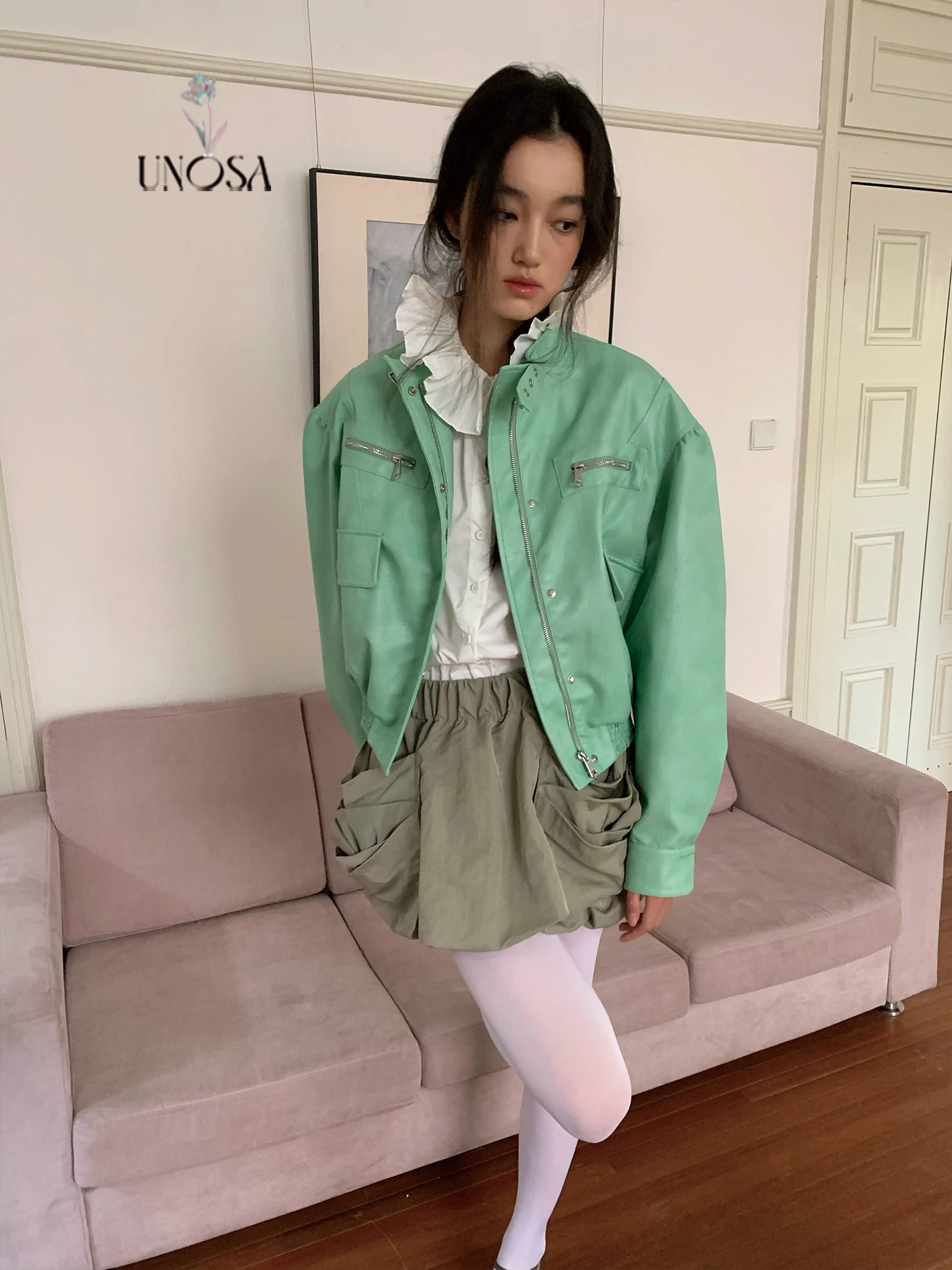 Giacca in pelle PU SA Heavy Work con fodera in pelliccia bianca, alla moda, corta, con cerniera, casual, per giovani