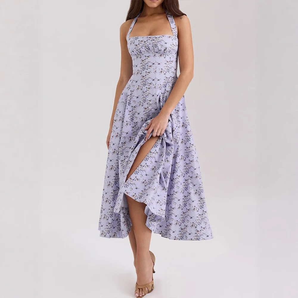 

Элегантное платье миди с открытой спиной, завязками на шее, приталенное, с разрезом на талии, цветочным принтом, расклешенное, для вечеринок и торжеств, модное, стильное, уникальное, для женщин