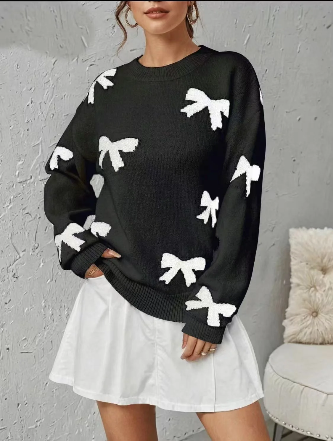 سترة الخريف والشتاء كسول وحلوة نمط أنيق طويل الأكمام البلوزات خمر الإناث فضفاضة تريكو